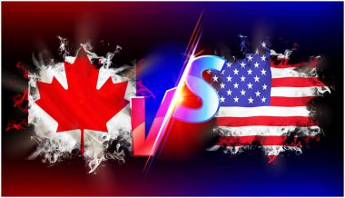 Amerika Kanada 'ya karşı ticaret savaşı devam ediyor. Karşıt görüşlü iki ülkenin bayrağı vs metin ve arkaplan siyahı.