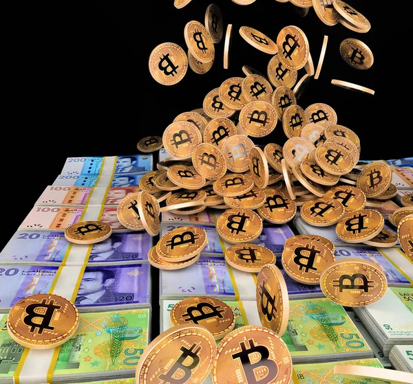 Bitcoin Cae Sobre Billetes Marroquíes Ciento Doscientos Cincuenta Dirhams Símbolo — Foto de Stock