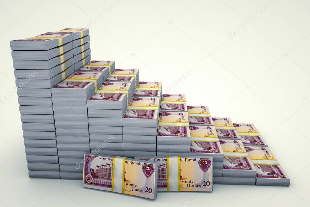 Money stacks graph. 20 Kuwaiti dinars. 3D illustration
