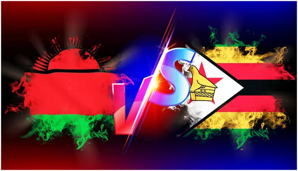 津巴布韦和马拉维正在进行的贸易战冲突 两个国家的国旗相对于文本和背景为黑色 — 图库照片