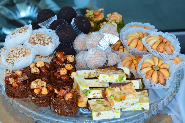 Bandeja Chá Oriental Biscoitos Simbolizando Hospitalidade Marroquina Comida Feriados Islâmicos — Fotografia de Stock