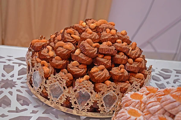 Oosterse Theebak Koekjes Symboliseren Marokkaanse Gastvrijheid Islamitische Feestdagen Eten Met — Stockfoto