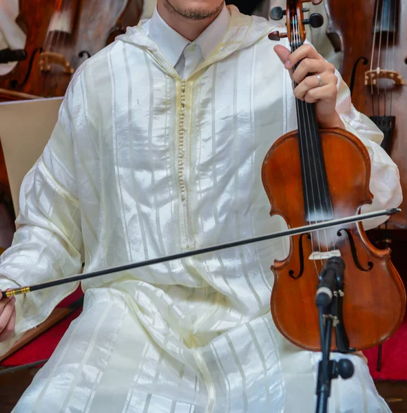 Moroccan Player Wearing Djellaba Plays Violin Called Andalusian Art Morocco — Stock Photo, Image