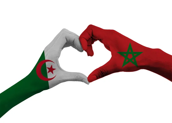 Két Kéz Alakú Szív Algéria Marokkó Zászlója Alatt Testvériség Kölcsönös — Stock Fotó