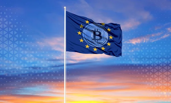 Európai Unió Zászlaja Bitcoin Szimbólummal Digitális Valutával Foglalkozó Európai Országok — Stock Fotó