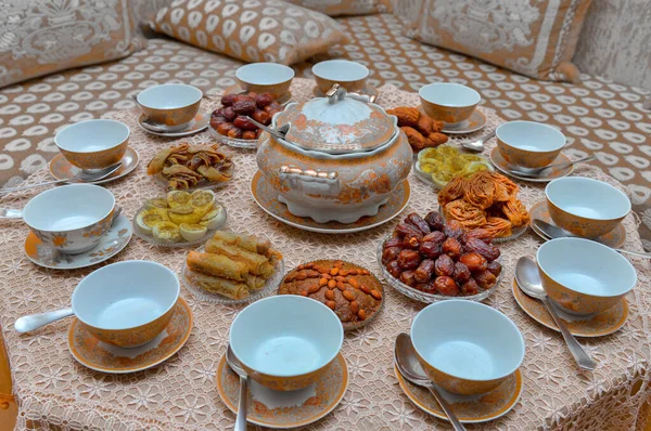 Traditional Typical Homemade Ramadan Food Harira Soup Dates Figs Arabic — Stock Photo, Image