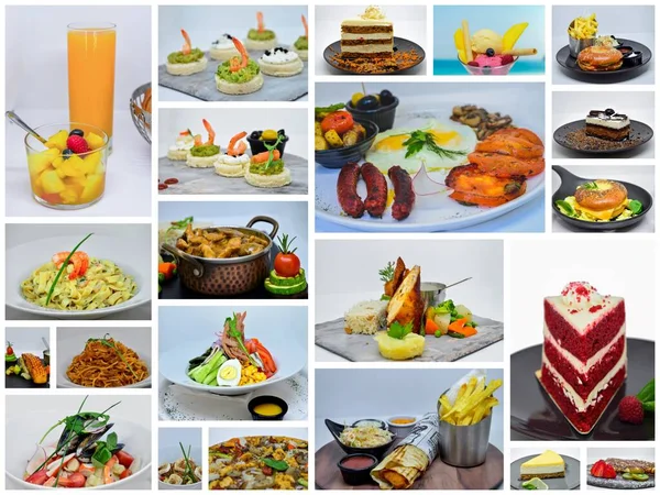 Ontwerp Van Collage Voor Voedsel Diverse Smakelijke Gerechten Een Menukaart — Stockfoto
