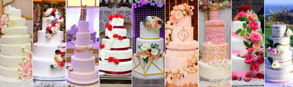 異なるウェディングケーキのための写真コラージュ 結婚式のフードコンセプト — ストック写真