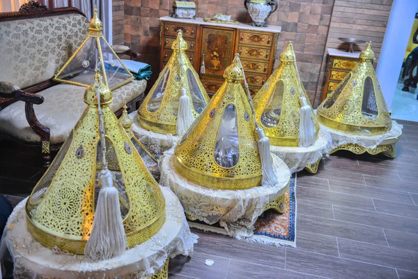 Moroccan Tyafer Traditional Gift Containers Wedding Ceremony Decorated Ornate Golden — ストック写真