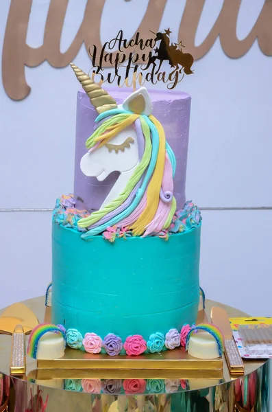 Little Girl Birthday Party Dessert Table Beautiful Unicorn Cake Cake — Fotografia de Stock