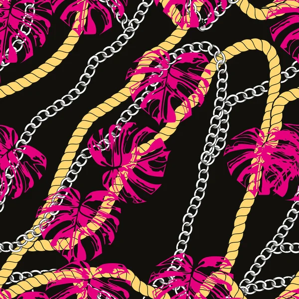Постоянный Дизайн Золотой Веревкой Цепями Листьями Бесшовные Узоры Текстильной Промышленности — стоковый вектор