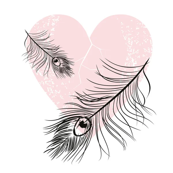 Romantický Design Dvěma Peřím Růžovým Srdcem Vektorová Ilustrace Valentýna — Stockový vektor