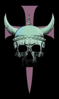 Siyah üzerine izole edilmiş büyük bir ortaçağ haçı üzerinde Viking kafatası tişörtü tasarımı. Poster 