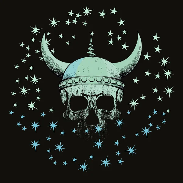 T恤矢量设计的维京骷髅与角和恒星隔离在黑色 — 图库矢量图片