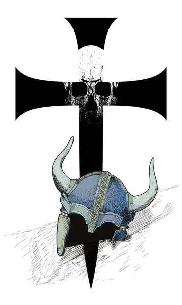 Ilustração Vetorial Uma Cruz Preta Crânio Capacete Viking Isolado Sobre —  Vetores de Stock
