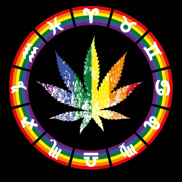 Diseño Camiseta Una Hoja Cannabis Signos Del Zodíaco Con Los — Vector de stock