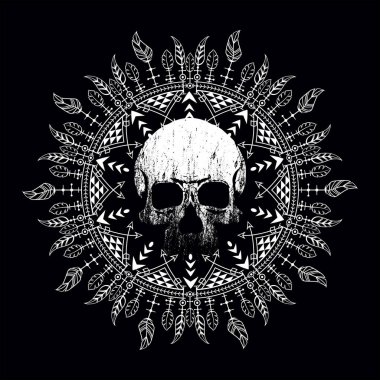 Kafatası vektör çizimi ve siyah üzerine beyaz mandala. Tişört ya da posterler için tasarım