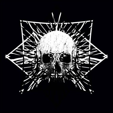 Siyah arkaplanda beyaz çizgileri olan bir kafatası tişörtü tasarımı.