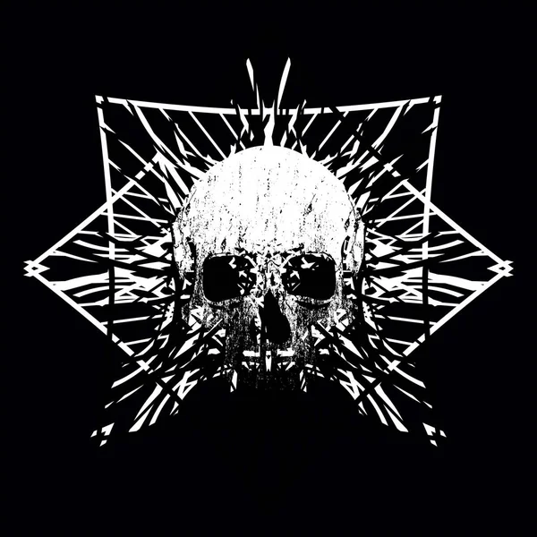 Siyah arkaplanda beyaz çizgileri olan bir kafatası tişörtü tasarımı.