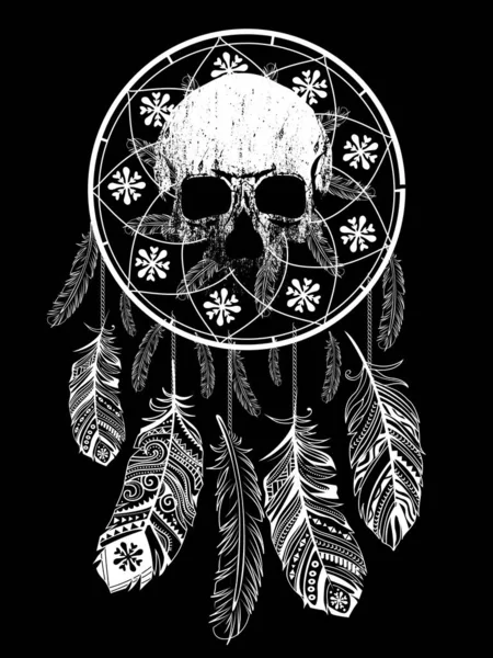 Vector Illustration Skull Native Dream Catcher Shirts Posters — Stock Vector