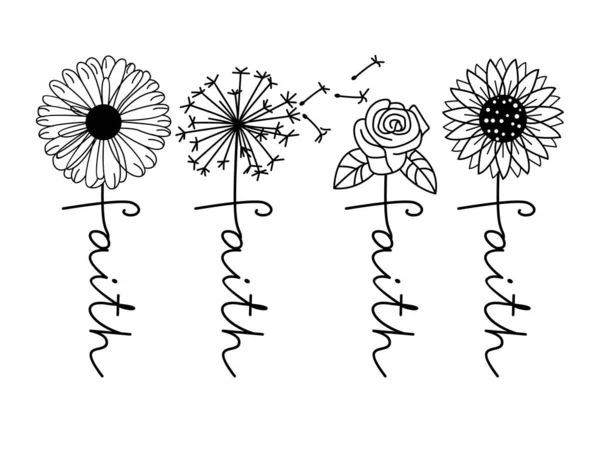 Σχεδιασμός Shirt Τεσσάρων Λουλουδιών Λέξη Faith Εικονογράφηση Μαργαρίτας Τριαντάφυλλου Πικραλίδας — Διανυσματικό Αρχείο