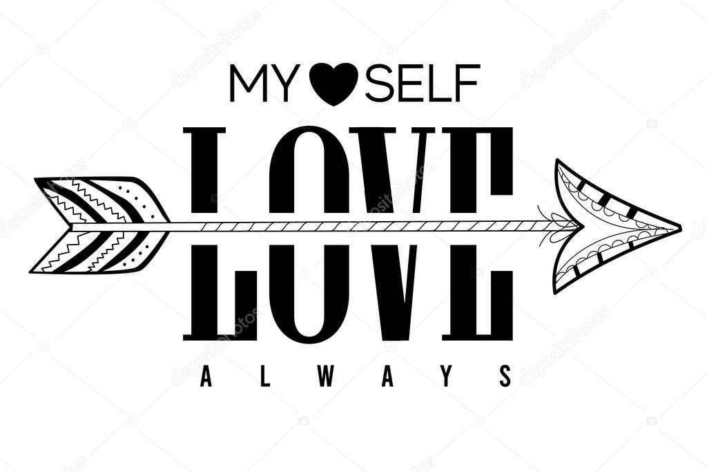 T-shirt design with the word Love and an indigenous arrow. Texts in capital letters with black letters on a white background.