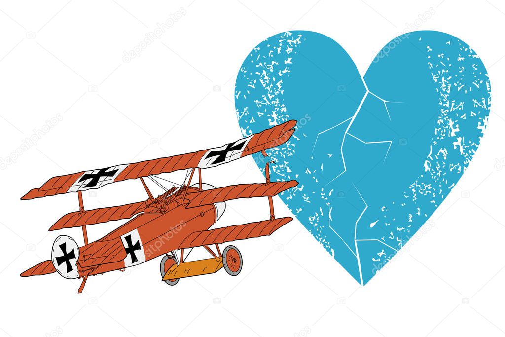 vector illustration of a plane from the first world war and a heart on a white background. Design for children's stories on the subject.