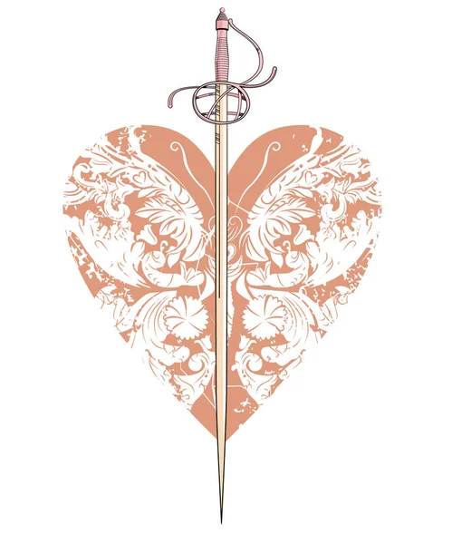 Shirt Design Heart Adorned Arabesques Ancient Sword Isolated Wite — Stockový vektor