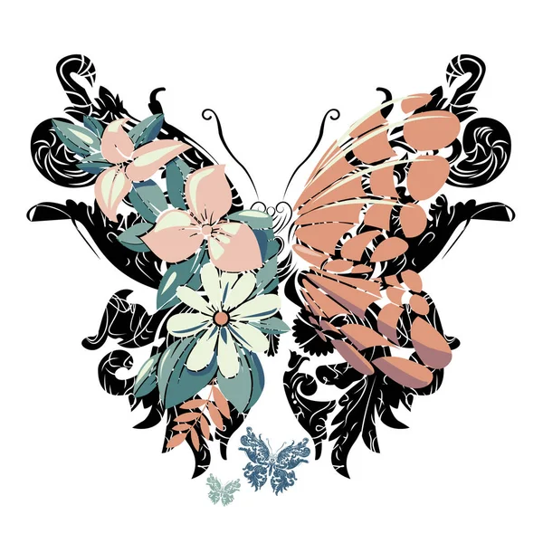 Diseño Camiseta Una Mariposa Mezclada Con Flores Ilustración Vectorial Para — Vector de stock