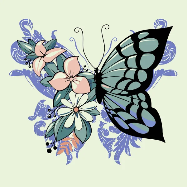 Çiçeklerle karıştırılmış bir kelebeğin tişört tasarımı. Posterler için vektör illüstrasyonu.