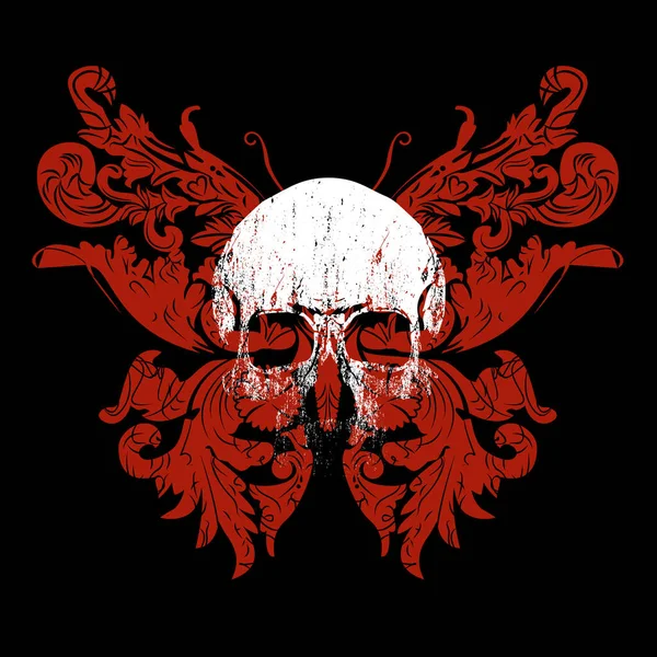 Siyah bir kafatası ve kırmızı bir kelebek tişörtü.