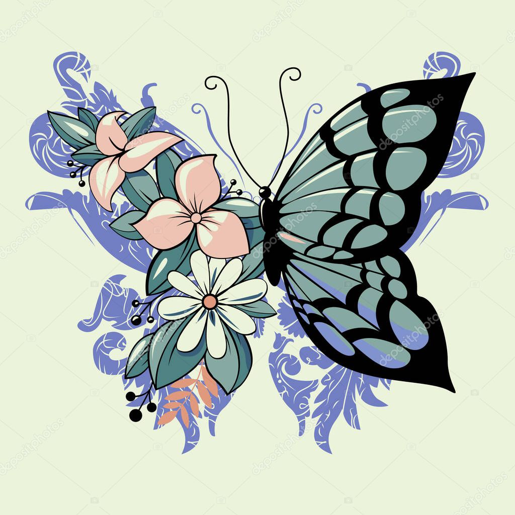 t-shirt design of a butterfly mixed with flowers. Vector illustration for posters.