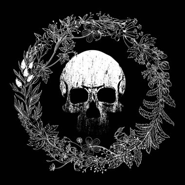 T-shirt design of a skull surrounded by an ornament with wild leaves isolated on white. Monochrome illustration for posters.