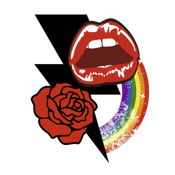 唇と赤の花のシンボルのTシャツのデザイン ゲイの誇りの日のためのベクトルイラスト — ストックベクタ