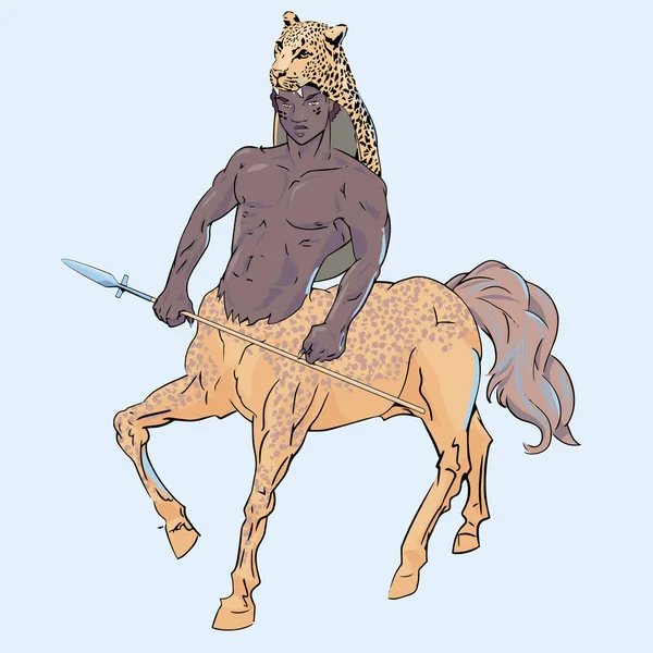 Shirt Ontwerp Van Een Afrikaanse Centaur Met Speer Luipaard Huid — Stockvector