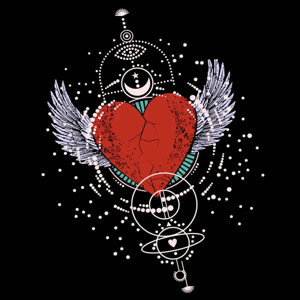 Vector Design Shirt Red Heart White Wings Isolated Black Illustration — Wektor stockowy