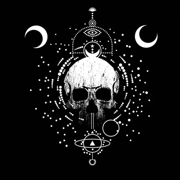Skull t-shirt design with astrological symbols. Vector illustration for posters. — Stock Illustration Skull Shirt Design Astrological Symbols Vector Illustration Posters Vector Graphics