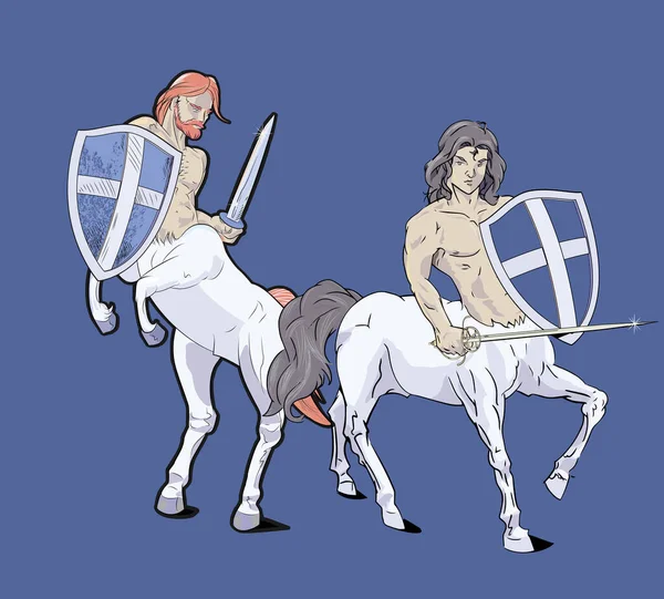 Vectorillustratie Van Twee Centauren Met Middeleeuwse Zwaarden Schilden Griekse Mythologie — Stockvector