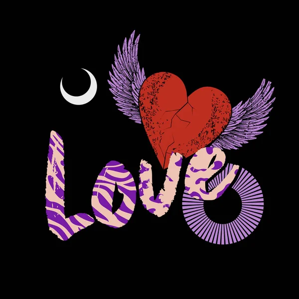 Love Design Shirts Winged Heart Word Animal Texture Isolated Black — Stock Vector
