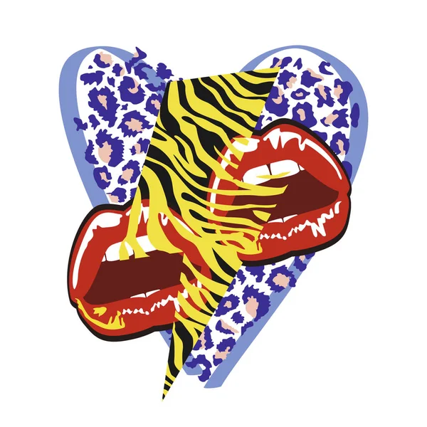 Design Pour Shirt Coeur Imprimé Animal Avec Symbole Tonnerre Lèvres — Image vectorielle