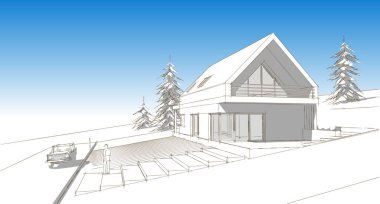 Geleneksel ahşap mimari 3D illüstrasyon