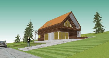 Geleneksel ahşap mimari 3D illüstrasyon