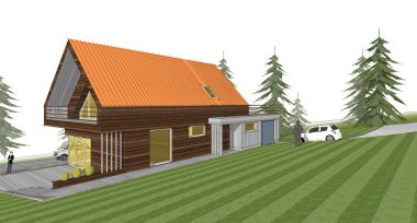 Geleneksel ahşap mimari 3D illüstrasyon