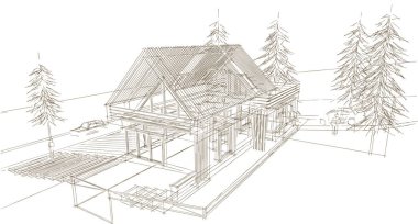 Geleneksel ahşap mimari 3D illüstrasyon