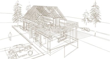 Geleneksel ahşap mimari 3D illüstrasyon