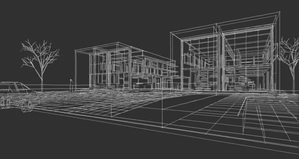 现代建筑模块化房屋3D渲染 — 图库照片