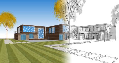 Modern ev çizimi 3d illüstrasyon