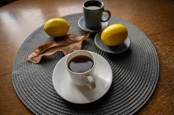 Nature Morte Café Citron Automne Tasse Céramique — Photo