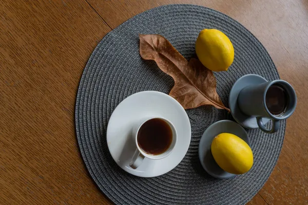 Nature Morte Café Citron Automne Tasse Céramique — Photo