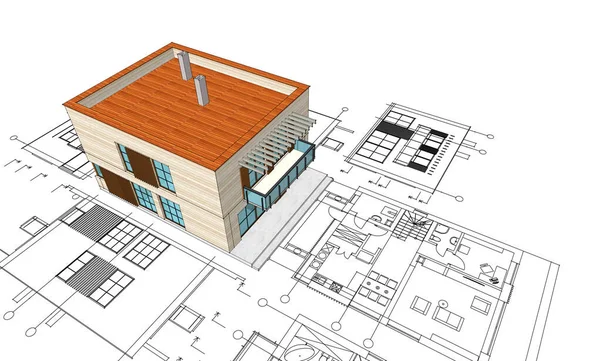 抽象立方住宅3D渲染 — 图库照片